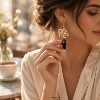 White flower metal pendant earrings with black onyx